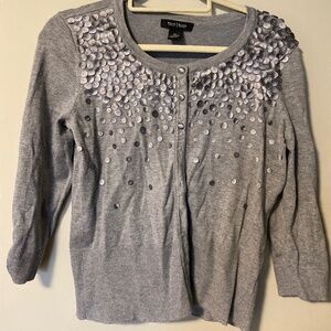 - WHBM Gray Knit Polka Dot Applique 3/4 Sleeve Button Cardigan Size